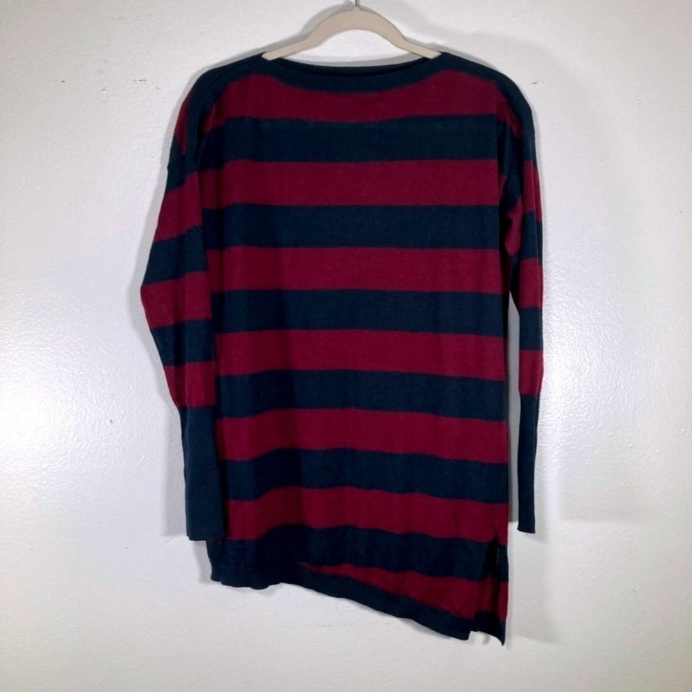 Ann Taylor Striped Merino Wool Asymmetrical Hem Tunic Sweater Navy Burgundy